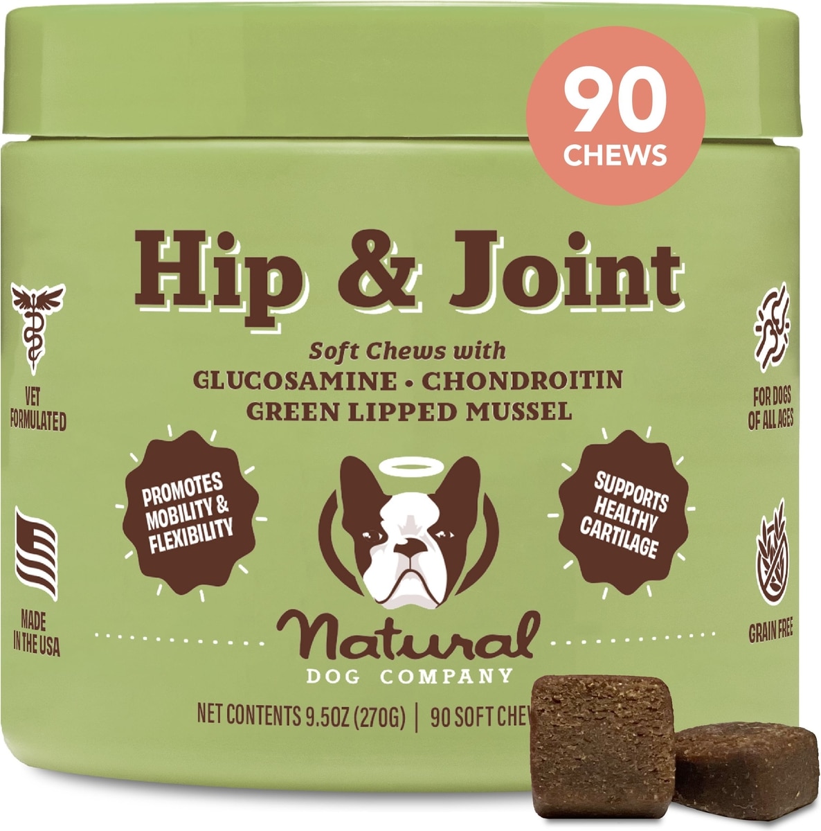 Natural Dog Company Hip & Joint Chews, All Ages, 90 Soft Chewable Bites