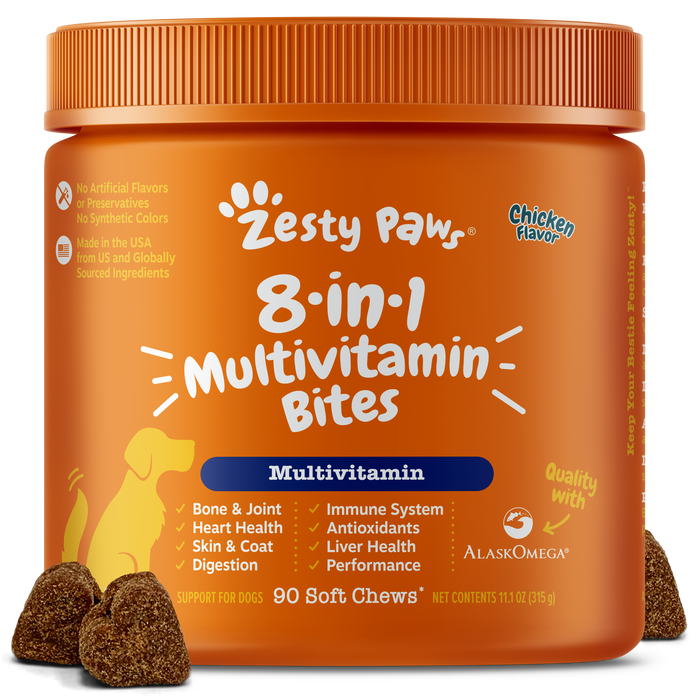 Zesty Paws 8-in-1 Multivitamin Bites for Dogs - Advanced Formula with Glucosamine, Chondroitin, Probiotics & Omega Fish Oil for Joint, Gut, Skin & Immune Support - Chicken Flavor