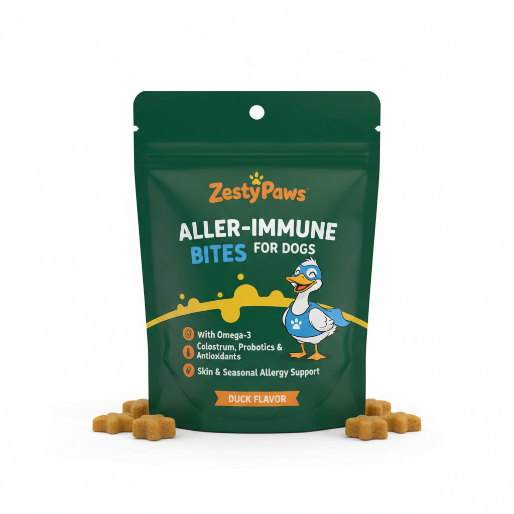 Zesty Paws Aller-Immune Bites for Dogs - with Omega-3, Colostrum, Probiotics & Antioxidants - Skin & Seasonal Allergy Support - Duck Flavor pet supplement