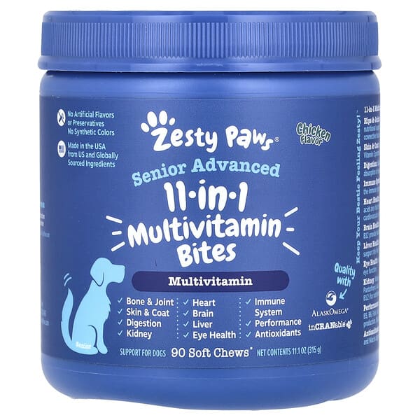 Zesty Paws Senior Advanced 11-in-1 Bites Chicken Flavored Soft Chews Multivitamin for Senior Dogs, 90 count pet supplement