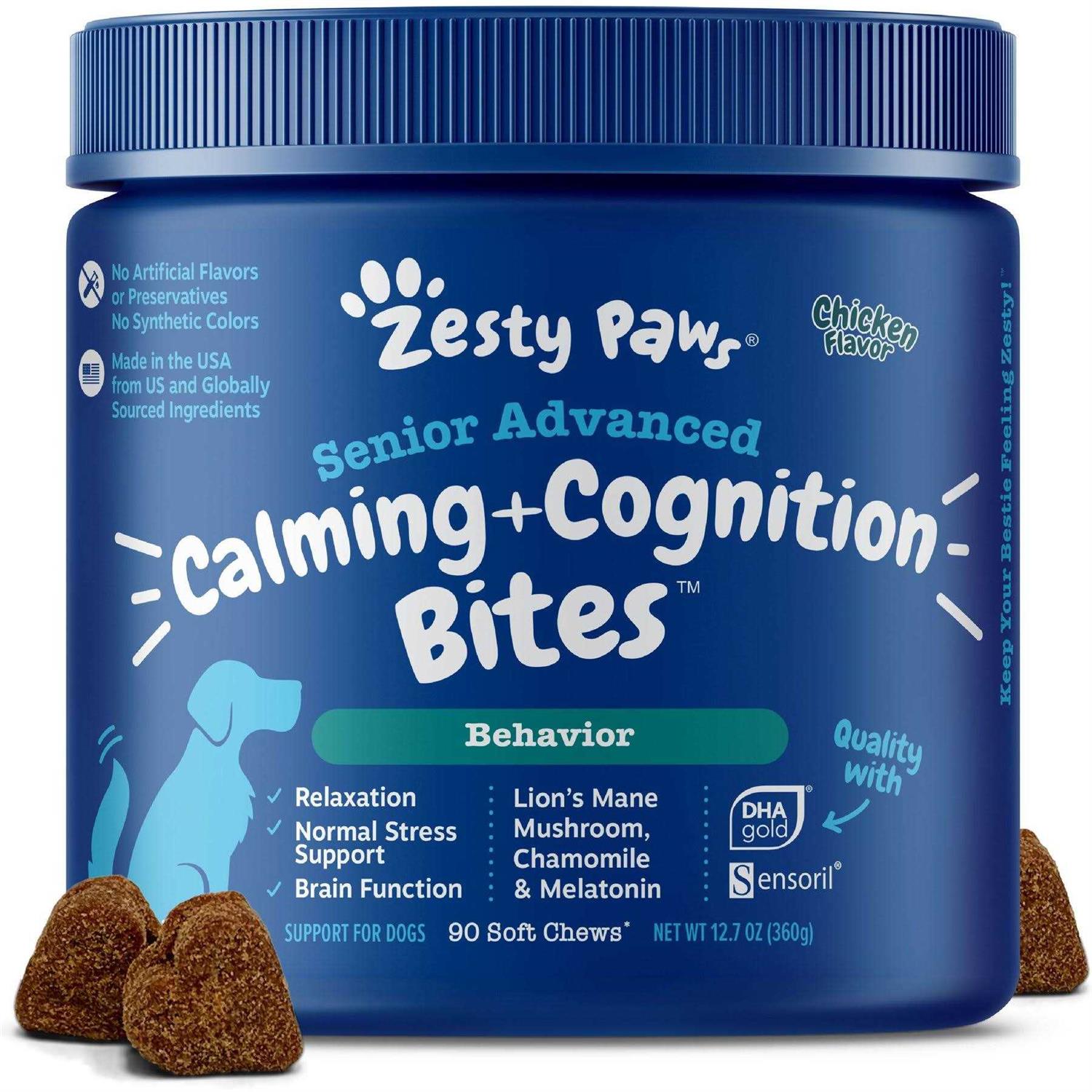 Zesty Paws Senior Advanced Calming + Cognition Bites Chicken Flavor Soft Chews Composure Supplement