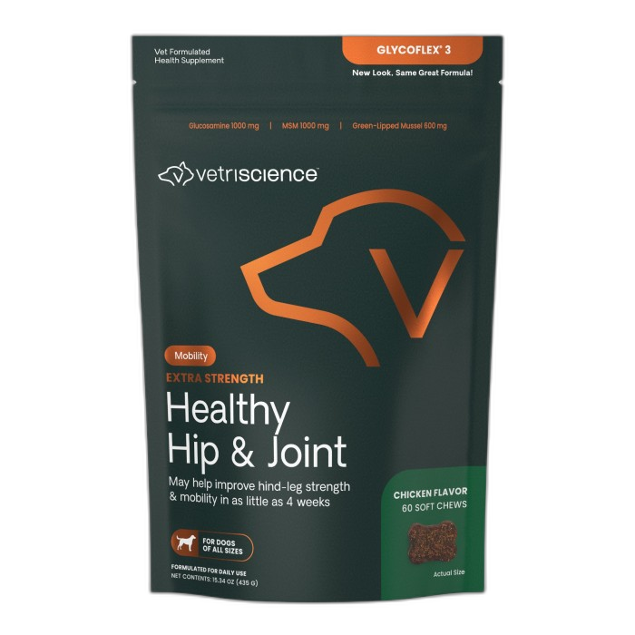 VetriScience GlycoFlex 3 Extra Strength Healthy Hip & Joint Chicken-Flavored Chews with Glucosamine & Green-Lipped Mussel Supplement for Dogs pet supplement