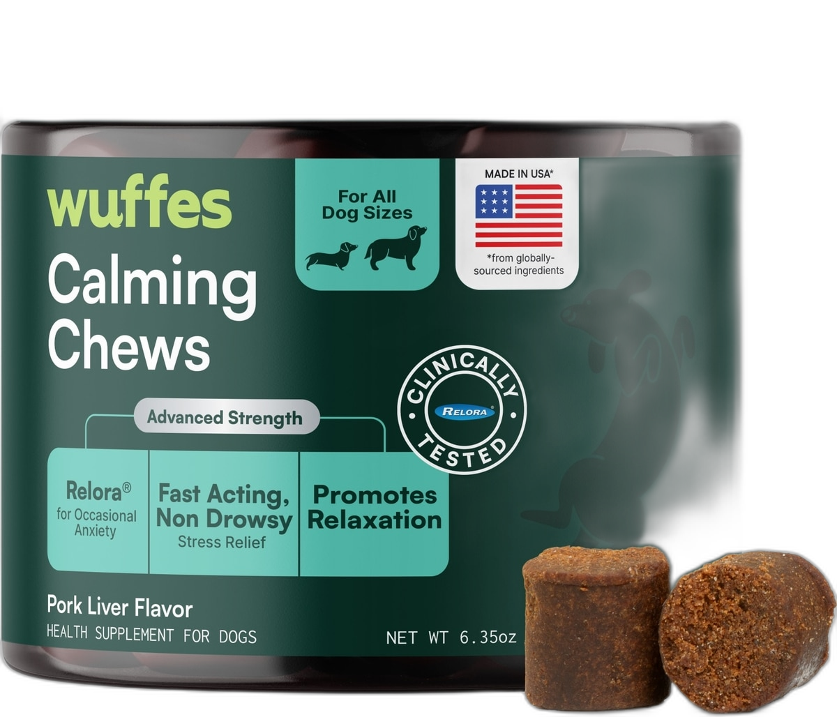 Wuffes Calming Stress Support with Relora, L-Tryptophan & Chamomile Pork Liver Flavored Soft Chew Supplement for Dogs