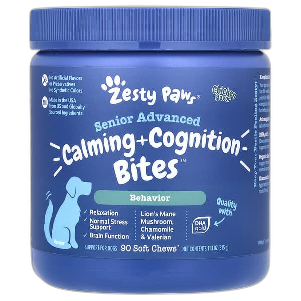 Zesty Paws Senior Advanced Calming + Cognition Bites Chicken Flavor Soft Chews Composure Supplement